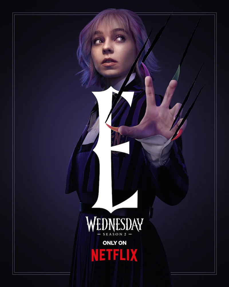 Enid Sinclair key art from Wednesday Season 2 featuring Emma Myers