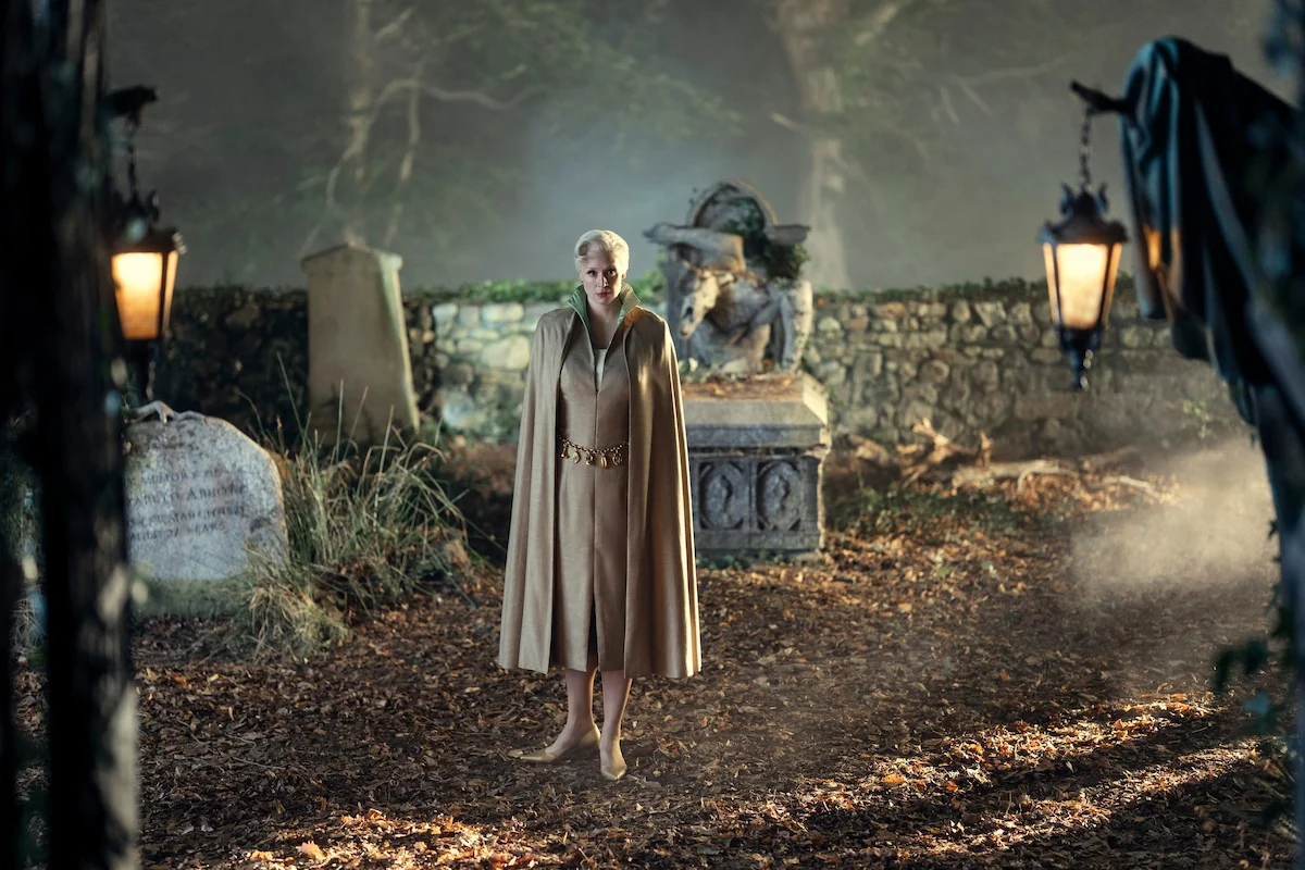 Gwendoline Christie as Principal Weems in a Wednesday Season 2 still from the Netflix Tudum finale feature