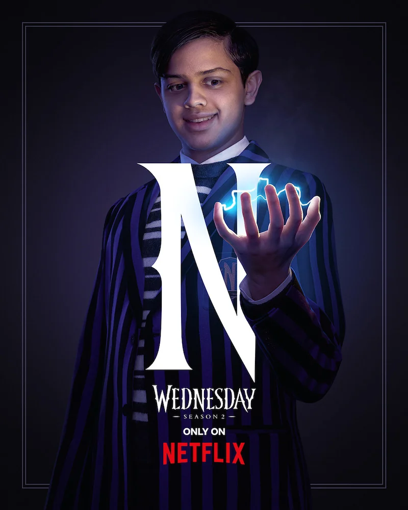 Pugsley Addams key art from Wednesday Season 2 featuring Isaac Ordonez