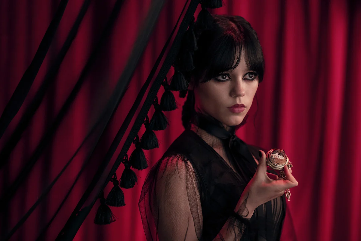 Jenna Ortega as Wednesday Addams in a Season 2 promotional portrait for Wednesday on Netflix